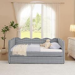 Twin Size Cozy Gingham Daybed with Trundle, Navy Linen Fabric Sofa Bed, Adorable Wave-Shaped Daybed, Built-in USB Port, No Box Spring Needed, Easy Assembly, 76 x 43.31 x 32.68inches