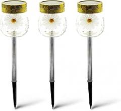 Crosslight 3-Pack Glass Daisy Flower in a Jar Stake Lights - Solar LED Waterproof Outdoor Garden Decor - Decorative Electronic Light Fixture Jars for Yard, Lawn, Patio, Deck, Pathway, Pond, Backyard
