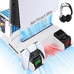 Dual Controller Charger Station for PlayStation 5 PS5 Console with Suction Cooling Fan, Suction Cooler Fan with Charging Dock Station and 12 Games Storage-Included Cable, Headphone Hook