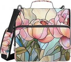 Zipper Binder Flowers Stained Glass with Handle - 1.5” D-Rings, 500 Sheet Capacity, Multiple Pockets Organizer for Office, Compatible with 13” Laptop Tablet