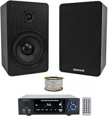 Rockville BLUAMP 150 Bundle: Bluetooth Amplifier 75W x 2 RMS 300W x 2 Peak 50 Hz-20 kHz, RockShelf 54B 5.25 in 4-Ohm Speakers 45W RMS 180W Peak Each, RCC14-100-2 14 AWG 100 ft Wire, 3-Items
