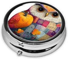 Whimsical Owl Newspaper Patches Round Pill Case, Portable Pill Box for Pocket Metal Medicine Vitamin Organizer 3 Compartment Three Times A Day