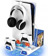 ISENPENK PS5 Stand Cooling Station, Dual Controller Charging Station Compatible with Playstation 5 Console, PS5 Accessories Controller Charger, Cooling Fan, Headset Holder, USB Hub
