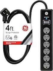GE Surge Protector Power Strip, 4 Ft Extension Cord, 6 Outlet Extender, 800 Joules, Flat Plug, Twist-to-Close Safety Covers, ETL Listed, Black, 33659