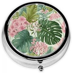 Rainforest Floral Monstera Ferns Pink Flower Round Pill Case, Portable Pill Box for Pocket Metal Medicine Vitamin Organizer 3 Compartment Three Times A Day
