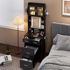 VINGLI 3 in 1 Vanity with Sliding LED Lighted Mirror & Padded Stool on Wheels, Small Makeup Vanity with 3 Drawers & 2 Cabinets, Compact Vanity Set with Power Outlet & 2 Hooks for Bedroom, Black