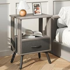 Night Stand, Bedside Table with Storage Drawer and Open Storage Shelf, Modern Nightstand and Small Night Stands, Fabric Drawer Dresser,End Table for Bedroom,Living Room,Metal Frame, Gray