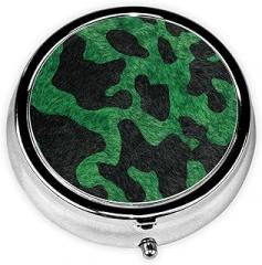 Green and Black Cowhide Pattern Round Pill Case, Portable Pill Box for Pocket Metal Medicine Vitamin Organizer 3 Compartment Three Times A Day