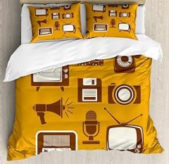 Ambesonne TV Show Duvet Cover Sets, Retro Electronic Media Megaphone Radio Telephone Cassette, Bedding Set with 2 Duvet Covers & 4 Pillowcases, 2 Pack Queen Size, Apricot Chocolate