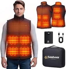 Soleilwear Mens Heated Vest with 12000mAh Battery, 9 Heated Zones Lightweight Rechargeable Vest for Camping Ski Cycling