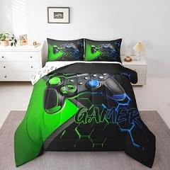 Gaming Gamepad Kids Comforter Set King Size,Video Game Controller Gamer Bedding Set,Boys Girls Men Room Decor,Geometric Honeycomb Hexagon Down Comforter,Blue Reversible Duvet Insert,2 Pillowcases