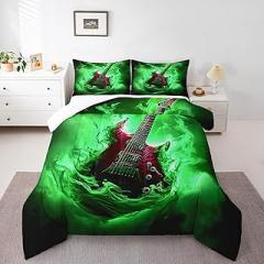 Electronic Guitar Comforter Set,Red Guitar Bedding Set for Kids Girls Women,Adults Rock Music Comforter,Green Clouds Quilted Duvet Set Bedroom Collection Twin Size 2Pcs