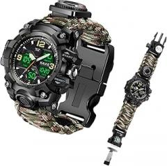 Mens Tactical Military Digital Watch, 23-in-1 Survival Multi-Functional Army Outdoors Waterproof Camouflage Sports Watches Dual Display Analog LED Electronic Wristwatches with Compass Paracord Band