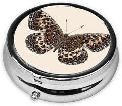 Butterfly with Spread Wings Leopard Pattern Round Pill Case, Portable Pill Box for Pocket Metal Medicine Vitamin Organizer 3 Compartment Three Times A Day