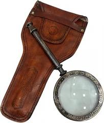 ROYALANTIQUE Handmade Brass Magnifying Glass with Leather Storage Case, Lance, Vintage Look, Antique Style, Reading, Low Sight Elderly, Collectible
