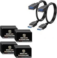 SaiTech IT 2 Pack Short Length 1 Feet USB 3.0 Male to Female Extension Cable Bundle with 20 Pack RFID Blocking Card, One Card Protects Entire Wallet Purse