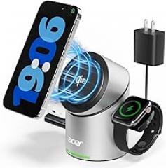 Acer S2 3 in 1 Charging Station for Apple - Qi2 15W iPhone Wireless Charging Station, Magsafe Charger Stand for iPhone 17 16 15 14 13 12 - Apple Watch - Airpods Series (Charger & USB-C Included)