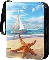 Beach Landscape Card Binder 4-Pocket, 400 Pockets PU Waterproof Zippered Collector Card Album with 50 Removable Sleeves for Trading, Game Cards