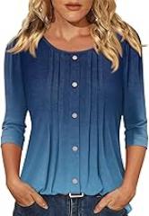 Womens 3/4 Sleeve Tops Crewneck T Shirts Solid Pleated Outfits Business Tops Classic Basic Tees Vacation Blouses