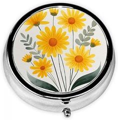 Yellow Folk Daisies Round Pill Case, Portable Pill Box for Pocket Metal Medicine Vitamin Organizer 3 Compartment Three Times A Day