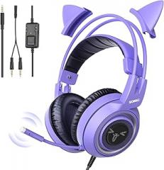 SOMIC G951S Purple Stereo Gaming Headset with Mic for PS4, PS5, Xbox One, PC, Phone, Detachable Cat Ear 3.5MM Noise Reduction Headphones Computer Gaming Headphone Self-Adjusting Gamer Headsets