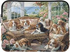 Laptop Case 13, 13.3, 14 Inch Dogs Flowers Beige Waterproof Briefcase Bag Portable Electronic Device Cover