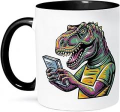 3dRose, Funny Cool T-rex Dinosaur Reading with electronic reader Book Graffiti, 11oz Two-Tone Black Mug