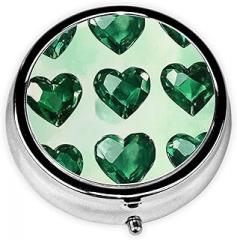Emerald Green Bedazzled Hearts Round Pill Case, Portable Pill Box for Pocket Metal Medicine Vitamin Organizer 3 Compartment Three Times A Day