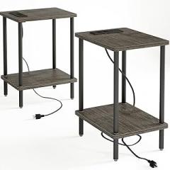 Fixwal 2-Tier Nightstand with Charging Station, End Table Set of 2, Side Table with USB Ports and Power Outlets, Side Table for Living Room, Bedroom, Grey and Black