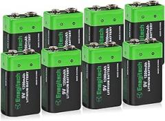 Enegitech 9V Lithium Battery, 9 Volt Battery 1200mAh Non-Rechargeable for Smoke Detector, Fire Alarm, Carbon Monoxide Detector, Metal Detector (9V 8 Pack)