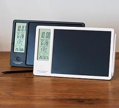 Rechargeable Electronic Memo Pad with LCD Message Board, Thermometer, Hygrometer, Alarm Clock & Desk Calendar – Includes Stand & Magnetic Pen, Ideal for Office Desk or Gift (White)