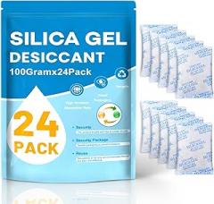 VOISEN 100 Gram 24 Pcs Color-Indicating Silica Gel Packets, Premium Food Grade Desiccant, Transparent Desiccant, Desiccant Packets for Storage, Premium Desiccant Packs for Food, Electronics, Closet