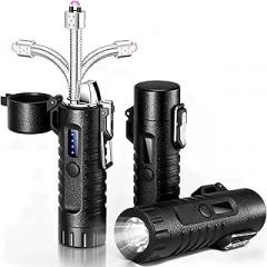 Electric Lighter USB C Rechargeable Arc Plasma Lighter with Flashlight, Electronic Windproof Waterproof Lighters with Retractable 360° Flexible Neck for Outdoor Camping, Hiking, Survival