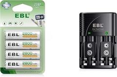 EBL Rechargeable AA Batteries 2800mAh 4Packs with AA AAA 9V Battery Charger for Ni-MH Ni-CD Rechargeable Batteries