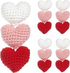 12PCS 5.5cm (2.17in) Crochet Stuffed Heart Decorations, Handmade Cotton-Filled Love Heart Embellishments (Assorted Colors) for DIY Crafts, Wedding Party Decor & Gift Accessories (Red-White Tone)