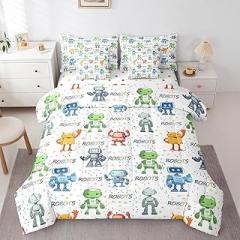 7 Pcs Cartoon Robots Kids Comforter Twin Size,Geometric Dots Abstract Modern Bedding Set,Watercolor Robot Electronic Cute Fashion（Comforter+Fitted+Sheet+2 Pillowcases+2 Throw Pillow Covers）