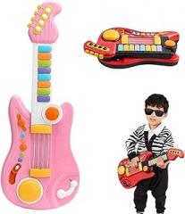 Kids Guitar Piano 2-in-1 Musical Instrument, Electric Guitars Electronic Keyboard Music Toys for 3 4 5 Year Old Boys Girls Xmas Gifts, Adjustable Educational Toy Toddler Guitars for 3+ (Pink)