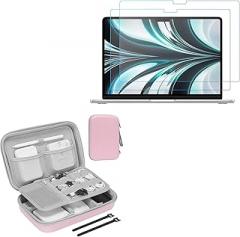 ProCase Screen Protector Compatible with MacBook Air 13.6 Inch 2022 Released Model A2681 Bundle with Hard Travel Electronic Organizer Case for MacBook Power Adapter Chargers Cables –Rosegold