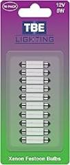 TBE Lighting Replacement Festoon Bulbs, PACK OF 10 Xenon lights for Undercabinets & Car Interior Lighting. Clear glass finish, Warm White colour -12v / 5w / Dimmable 11mm x 41mm Energy efficient Bulbs