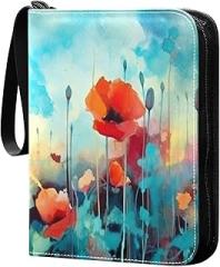 Flower Painting Collectible Trading Card Albums,4-Pocket Card Binder with 50 Removable Sleeves with Zipper Game Card Collection Binder Album Holder
