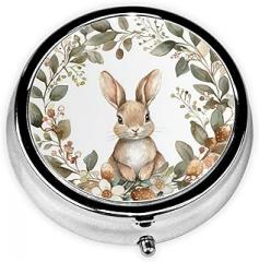 Easter Wreath with Bunny Watercolor Round Pill Case, Portable Pill Box for Pocket Metal Medicine Vitamin Organizer 3 Compartment Three Times A Day