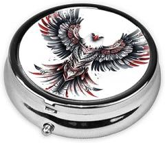 Simple Mandal Style Eagle Round Pill Case, Portable Pill Box for Pocket Metal Medicine Vitamin Organizer 3 Compartment Three Times A Day