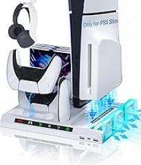 PS5 Slim Cooling Station，Charging Controller，Featuring Three Adjustable Cooling Fan，Compatible with Disc&Digital Editions,It's PlayStation 5 Slim Ideal Accessories (White)