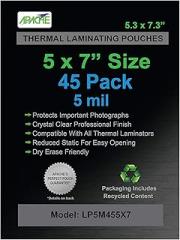 Apache 45 Pack Laminating Pouches 5 mil, Holds 5 x 7 Inch Photo Size (5.3 x 7.3 Inch Sheets), Office and School Supplies, Thermal Laminating Sheets, Super Clear, Round Corner
