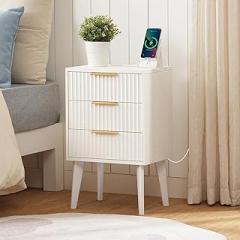 End Table, Fluted Night Stand, Modern Side Table with Charging Station, Bedside Table with 3 Drawers, Mid Century Nightstand, for Living Room, Bedroom, Study, Office, White ETWT64E01