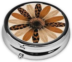 Single Large Daisy Leopard Print Round Pill Case, Portable Pill Box for Pocket Metal Medicine Vitamin Organizer 3 Compartment Three Times A Day