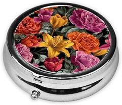 Orange Pink Yellow and Purple Flowers Round Pill Case, Portable Pill Box for Pocket Metal Medicine Vitamin Organizer 3 Compartment Three Times A Day