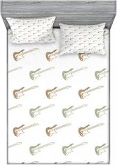 Ambesonne Music Fitted Sheet & Pillow Sham Set, Diagonally Designed Electronic Guitar Silhouettes on a Plain Background, Decorative Printed 3 Piece Bedding Decor Set, King, Camel White and Green