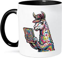 3dRose, Funny Cool Llama Reading with electronic reader Book Graffiti Abstract, 11oz Two-Tone Black Mug
