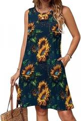 BarbedRose Women's Summer Sleeveless Round Neck Floral Print Party Dress with Pockets